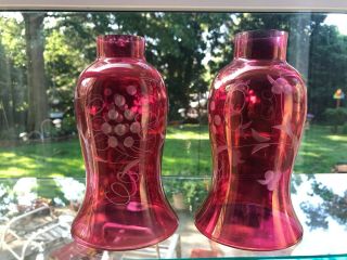 Vintage Ruby Red Cranberry Glass Etched Hurricane Lamp Shades Floral Design