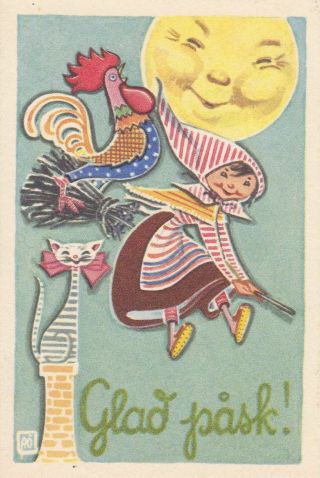 Old Vintage Postcard Easter Witch - - Cute Witch On Broom Rooster Moon Cat
