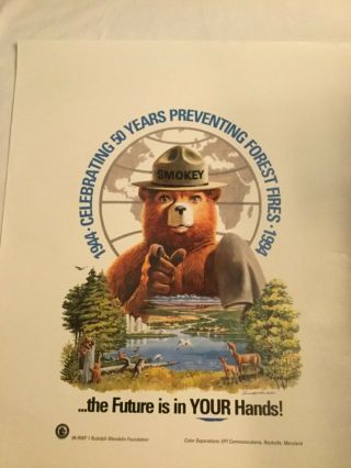 Vintage Smokey The Bear Forest Service Poster 50 Yr Future Is In Your Hands Htf
