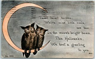 Vintage Halloween Postcard Artist - Signed Mhs 2 Owls / Crescent Moon F.  A.  Owen