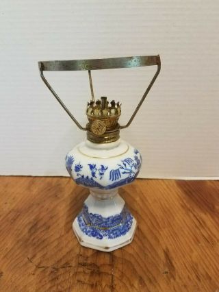 Vintage Mini Oil Lamp Blue Willow & White 7 1/4 " Tall - Imperfect