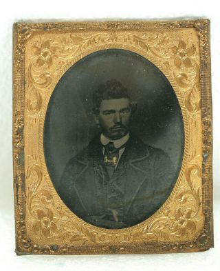 Vintage Tintype Photo Victorian View Of Young Man With Mustache In Copper Frame