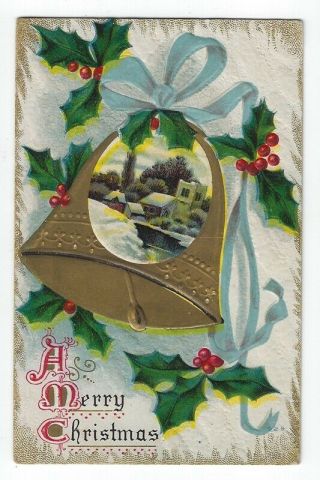 Early Christmas Greetings Postcard,  A Town In Winter,  Gold Bell,  Holly & Berries