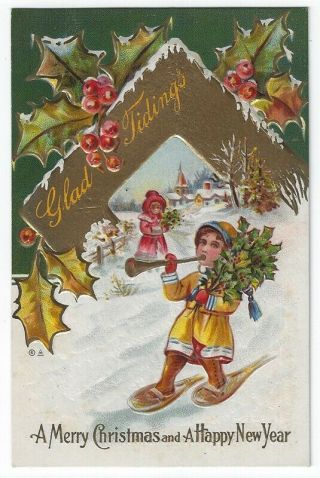 Early Christmas/new Year Greeting Pc,  Girl & Boy Blowing Horn On Snowshoes,  1910