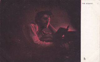 Tuck 828; " The Student ",  Man Reading A Book In Low Light,  Red Tint,  00 - 10s