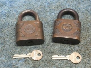 2 Old Brass Padlock Lock Yale Both Keyed Alike.  Both W/orig Key.  Locksmith.  N/r