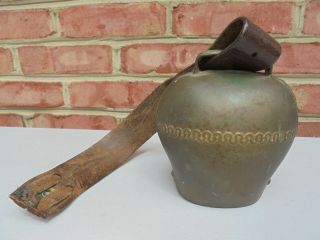 Old Antique Brass Cow Bell W Leather Strap Swiss