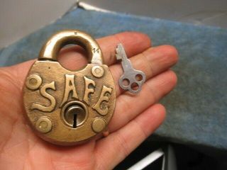 Ornate Old Brass Safe Padlock Lock W/key.  Has Issue.  N/r
