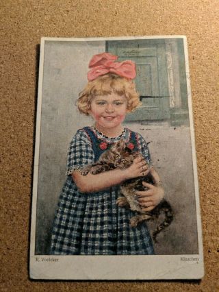 Vintage Cat Postcard.  Art.  Young Girl Holding Pretty Gray Kitten.  Pm 1930.