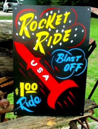 Vintage Metal Carnival Rocket Ride Sign Circus Amusement Park Midway Fair Art