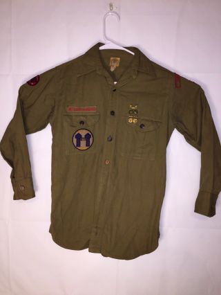 Vintage Official 1945 Boy Scout Uniform Long Sleeve Shirt With Patches And Pins