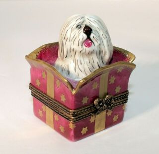 Vtg.  Limoges France Marque Deposee Ph Nanny Shaggy Dog Present Gift Trinket Box