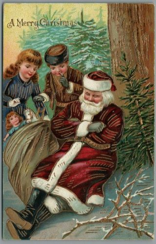 Children Stealing Toys From Sleeping Santa - Merry Christmas Postcard