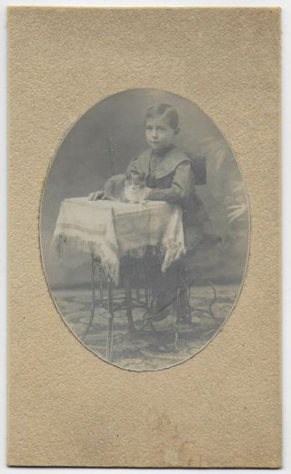 Cute Child Poses With Pet Cat / Kitten Old Cabinet Photo