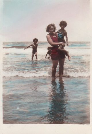Egypt Old Vintage Photograph.  Lady On The Beach With Baby,  Hand Colored