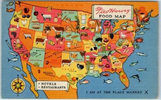 Vintage " Fred Harvey Food Map " Linen Postcard Santa Fe Railroad C1943
