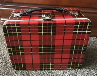 Vintage 1960 ' s King Seeley Tartan Plaid Red & Black Lunchbox & Thermos 2