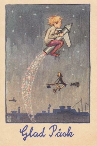 Old Vintage Postcard Easter Witch On Broom Boy On Rocket Stars Small Card Sweden