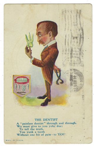 1912 Comic Dentist Post Card With One Cent Franklin Stamp