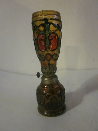 Vintage Stained Glass Abstract Design Amber Glass Oil Lamp