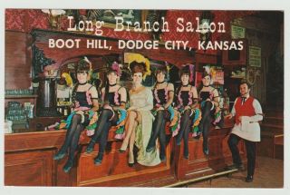 Kansas Boot Hill Dodge City Ks Long Branch Saloon Vintage Postcard Can Can Girls