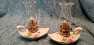 Vintage Antique Miniature Kerosene Lamps Pair Alladin Style Ceramic Gold Leaf