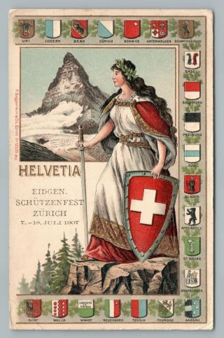 “helvetia—eidgen Schutzenfest Zurich” Swiss Poster - Art Style Pc Antique Ak 1907