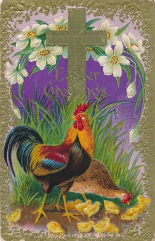 Easter – Two Hens,  Chicks And Flowers Easter Greetings - 1913