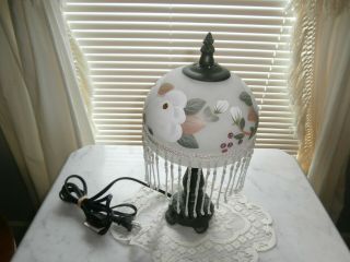 Small 12 " Tall Vintage Look Lamp With Handpainted Shade And Beads,  25 Watt Elect