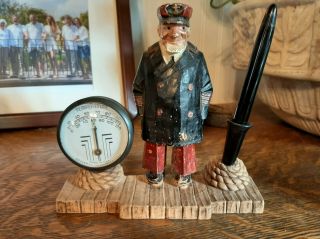 Vintage Hand Carved Wooden Sea Captain Desk Set With Pen And Thermometer
