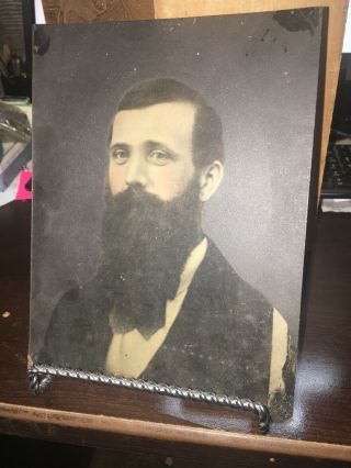 Large Antique Tin Type Photograph Man W/ Long Beard 8 1/2” X 6 1/2” Hand Tinted
