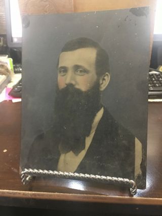 Large Antique Tin Type Photograph Man w/ Long Beard 8 1/2” X 6 1/2” Hand Tinted 2