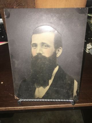 Large Antique Tin Type Photograph Man w/ Long Beard 8 1/2” X 6 1/2” Hand Tinted 3