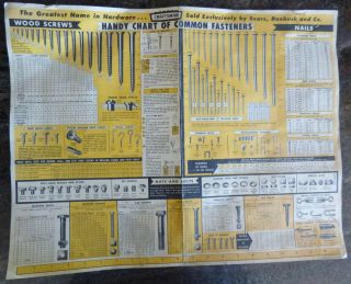 Vintage Sears Craftsman Handy Chart Of Common Fasteners 1940’s 1950 