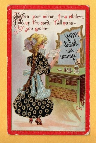 Embossed Love Greeting With Reverse Mirror Message Postcard,  Artist Signed Dwig