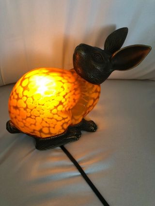 Tin Chi Bunny Rabbit Table Lamp Night Light Amber Glass/ Bronze 1996 2