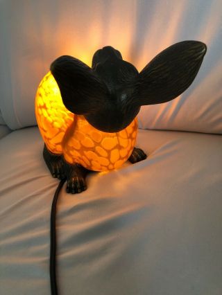 Tin Chi Bunny Rabbit Table Lamp Night Light Amber Glass/ Bronze 1996 4