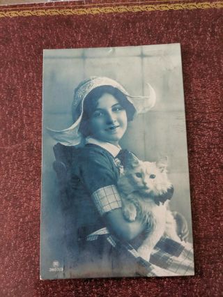 Cat Vintage Postcard.  Pretty Dutch Girl With White Cat.  British.  Pm 1928.