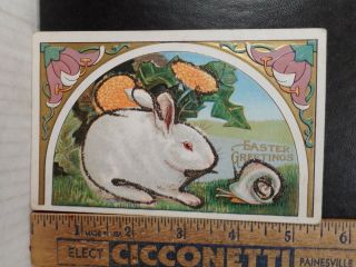Easter Greetings Embossed Postcard With White Rabbit And Snail 723tb.