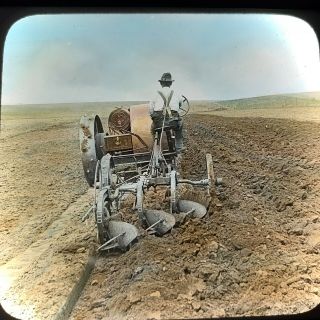 Vtg Keystone Magic Lantern Glass Slide Photo Water Case Tractor Plowing Sd Color