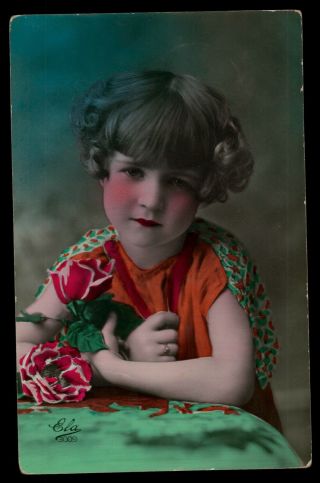 Deco Photo Postcard 1920s Child Girl Ring Flapper Red Lips Rose Beauty