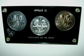 Nasa Apollo 11 Footsteps On The Moon Silver Bronze Pewter 3 Coin Set Encased