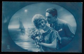 Deco Set Of 3 Photo Postcard 1920s Couple Romance Sail Sea Boat Flower