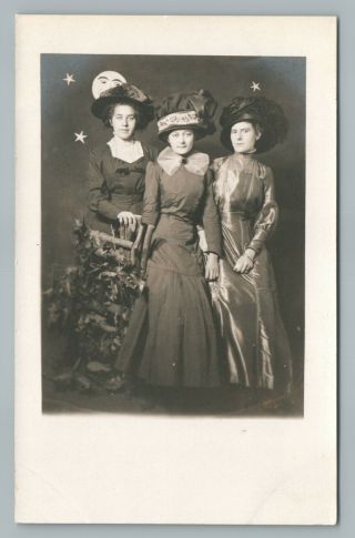 Fancy Hat Women—smiling Paper Moon Backdrop Rppc Studio Photo 1910s