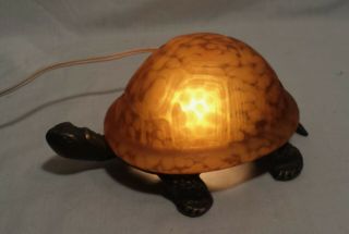 Vintage Brass Turtle With Amber Glass Shell Night Light Lamp