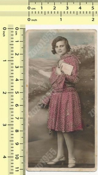 1930s Girl With Book,  Studio Portrait Hand - Colored Vintage Old Photo