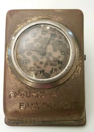 Antique Vntg Brass Metal Advertising Paper Clip,  Weight Letter Holder Desk Clock