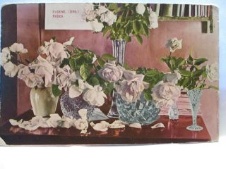 1910 Postcard " Eugene (ore) Roses " W/ Cut Glass Vases On Table