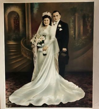 Vintage 1930’s Wedding Portrait Hand Tinted Colored Photograph Large 16 X 20