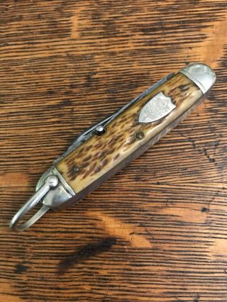 Vintage Boy Scout Knife Ulster - U3 4 Blade Bsa Shield Bone Hdl Ulster Usa